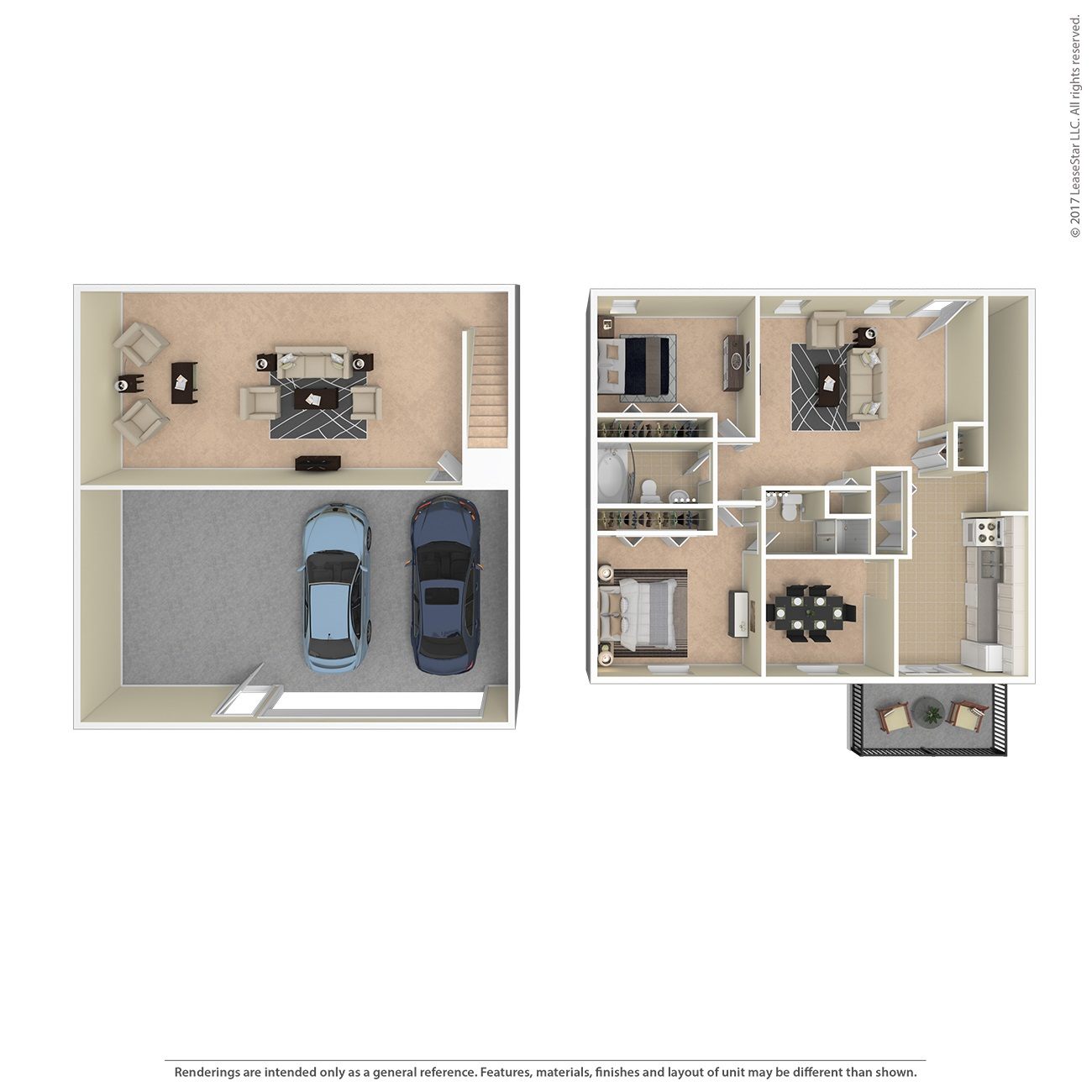 A floor plan of a house with two cars parked in the garage.